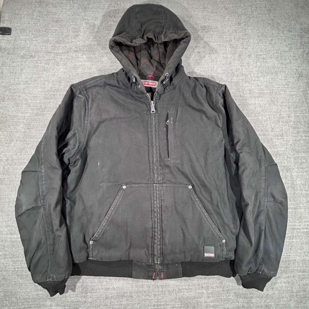 Craftsman Work Jacket Mens Medium Black Good Hooded Canvas Quilted Lined Zip Up